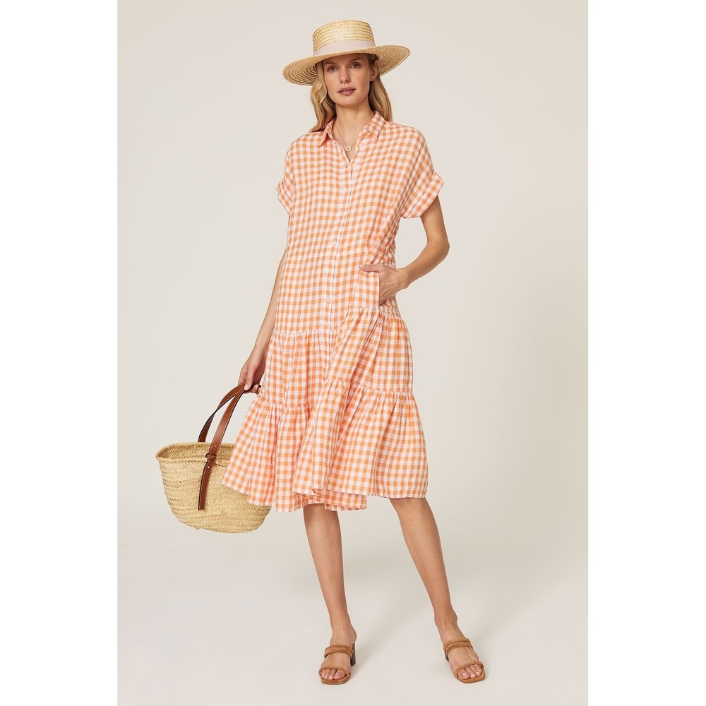 Lauren Ralph Lauren Vilma Maxi Dress 100% Linen Womens 10P Orange Gingham Preppy